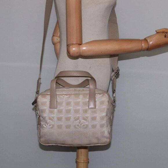 CHANEL New Travel Line Hand Bag Nylon 2way Beige Silver CC Auth 143907 - Picture 1 of 16